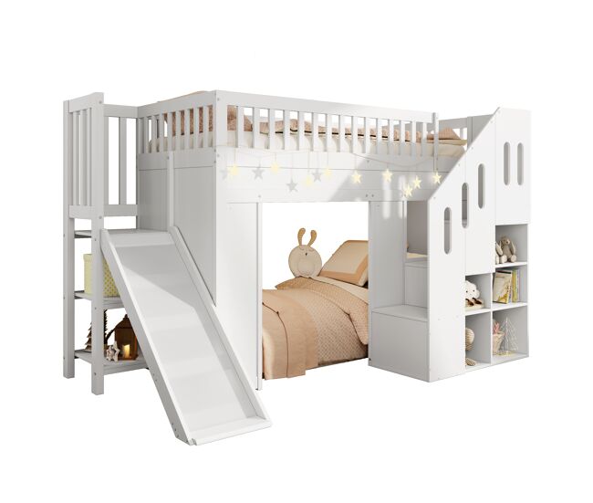 Cama alta,cama infantil de madera de pino 90x200 cm con luz led,blanco