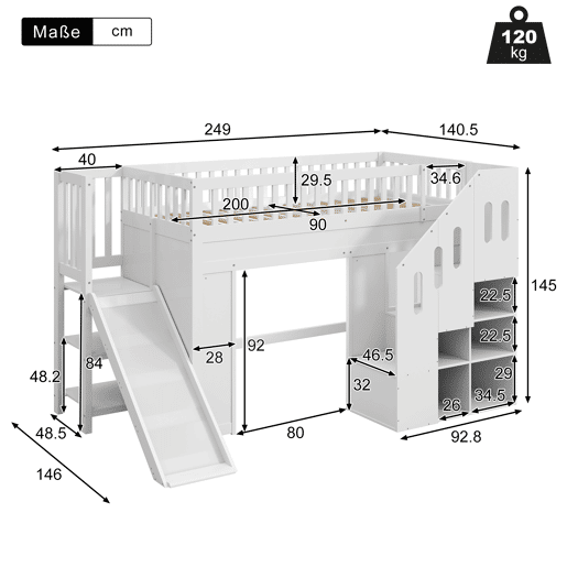 Cama alta,cama de criança de madeira de pinho 90x200 cm com luz led,branco