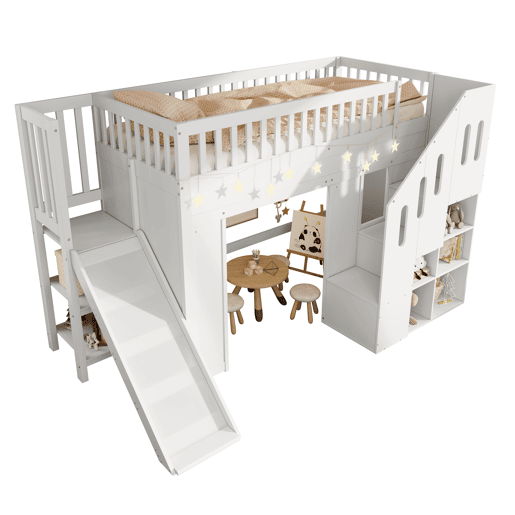 Cama alta,cama de criança de madeira de pinho 90x200 cm com luz led,branco