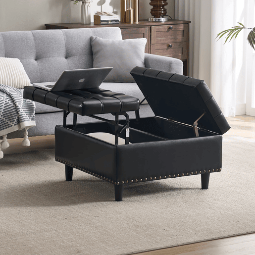 Banco de arrumação quadrado 75x75 cm - assento rebatível com espaço de arrumação - PU preto