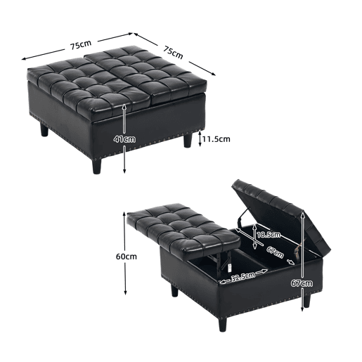 Banco de arrumação quadrado 75x75 cm - assento rebatível com espaço de arrumação - PU preto