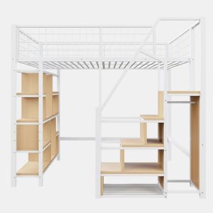 Cama alta multifuncional 140 x 200 cm - Com arrumação, prateleiras e escada - Branco