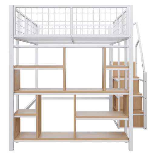 Cama alta multifuncional 140 x 200 cm - Com arrumação, prateleiras e escada - Branco