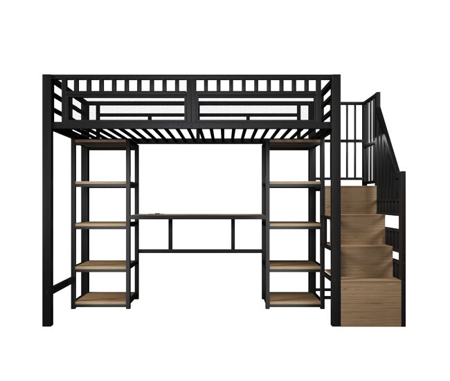 Cama alta 90x200 cm - estructura metálica, escritorio, escalera con almacenamiento, led, puerto usb, negro