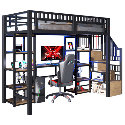 Cama alta 90x200 cm - Estrutura metálica, secretária, escada com arrumação, LED, porta USB, preta