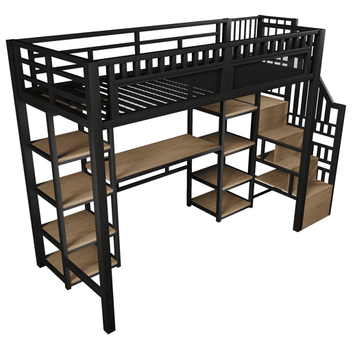 Cama alta 90x200 cm - Estrutura metálica, secretária, escada com arrumação, LED, porta USB, preta