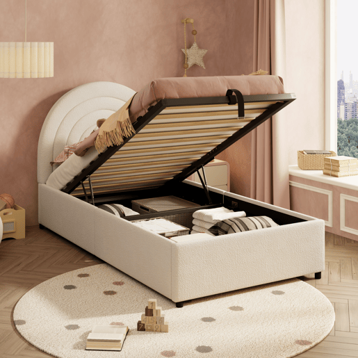 Cama com armazenamento,cama de criança,cama de solteiro de tecido 90x200 cm,bege