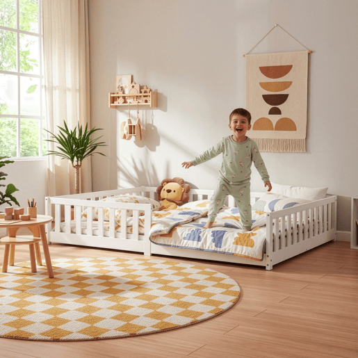 Cama infantil Montessori Tanna com grade e colchão 140x200cm Branco en.casa Cama infantil Montessori Tanna com grade e colchão 140x200cm Branco en.casa