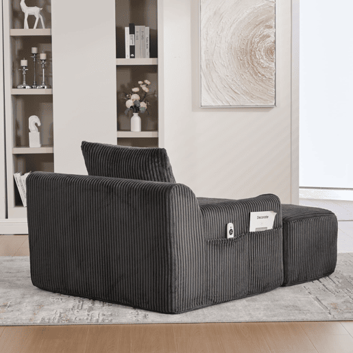 Poltrona grande - com apoio para os pés, bolsos laterais e almofada, estofada em veludo - Cinza escuro