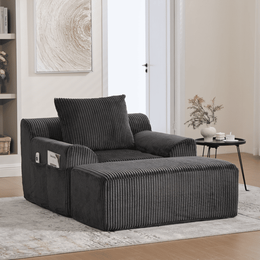 Poltrona grande - com apoio para os pés, bolsos laterais e almofada, estofada em veludo - Cinza escuro