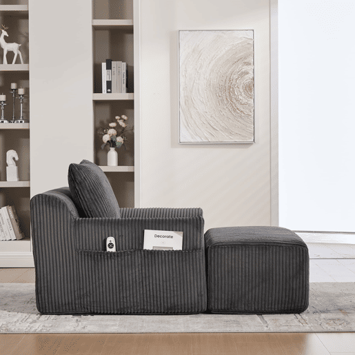 Poltrona grande - com apoio para os pés, bolsos laterais e almofada, estofada em veludo - Cinza escuro