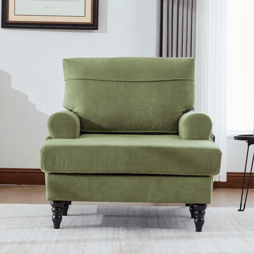 Poltrona individual em chenille - encosto e braços confortáveis, bolsos laterais - Verde Oliva