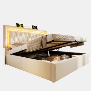 Cama de casal de veludo 160x200 cm com armazenamento e luz led,bege