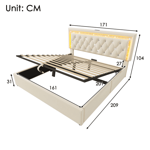 Cama de casal de veludo 160x200 cm com armazenamento e luz led,bege
