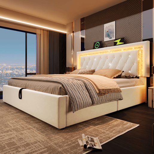 Cama de casal de veludo 160x200 cm com armazenamento e luz led,bege
