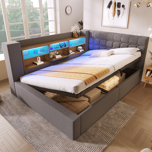 Cama de casal de linho 140x200 cm com armazenamento e luz led,cinza