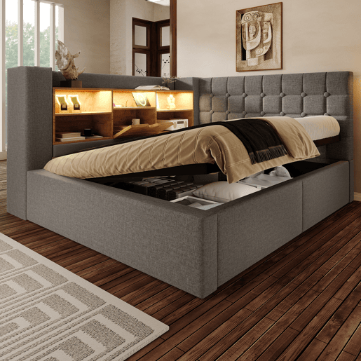 Cama de casal de linho 140x200 cm com armazenamento e luz led,cinza