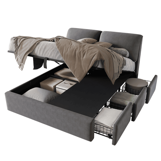 Cama de casal de veludo 140x200 cm com armazenamento,cinza
