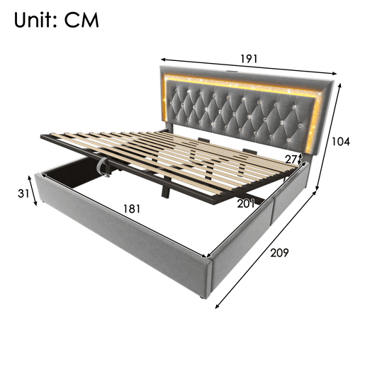 Cama de casal de veludo 180x200 cm com armazenamento e luz led,cinza