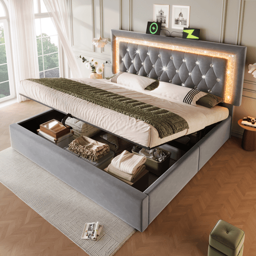 Cama de casal de veludo 180x200 cm com armazenamento e luz led,cinza
