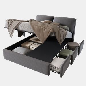 Cama de casal de veludo 140x190 cm com armazenamento,cinza