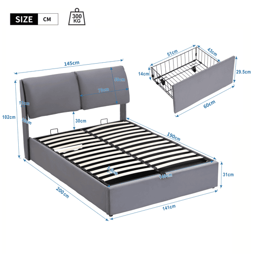 Cama de casal de veludo 140x190 cm com armazenamento,cinza