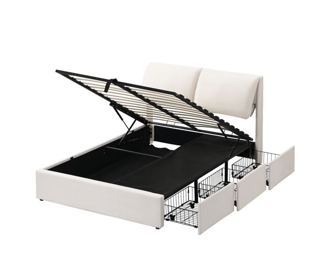 Cama de matrimonio de terciopelo 140x190 cm con almacenaje,beige