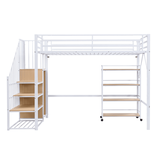 Cama de ferro 90x200 cm - Beliche, prateleira de 4 níveis com rodas, grade de segurança, armário com cabideiro - Branco + Natural