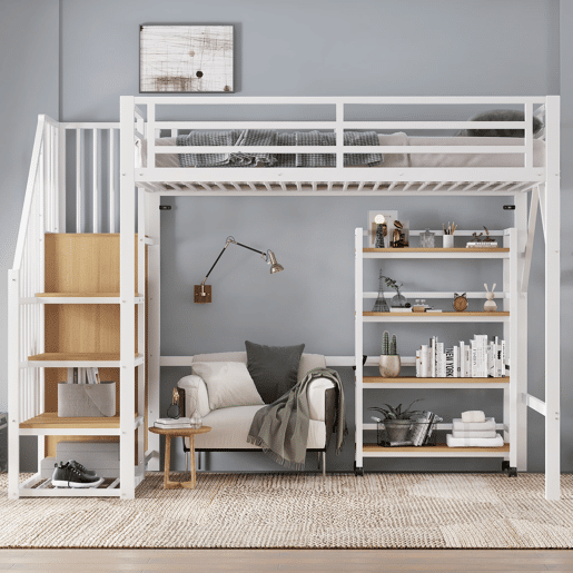 Cama de ferro 90x200 cm - Beliche, prateleira de 4 níveis com rodas, grade de segurança, armário com cabideiro - Branco + Natural