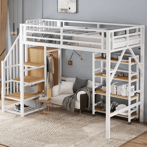 Cama de ferro 90x200 cm - Beliche, prateleira de 4 níveis com rodas, grade de segurança, armário com cabideiro - Branco + Natural