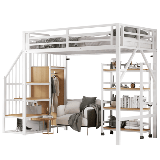 Cama de ferro 90x200 cm - Beliche, prateleira de 4 níveis com rodas, grade de segurança, armário com cabideiro - Branco + Natural