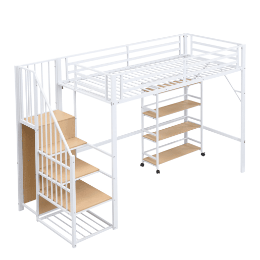 Cama de ferro 90x200 cm - Beliche, prateleira de 4 níveis com rodas, grade de segurança, armário com cabideiro - Branco + Natural