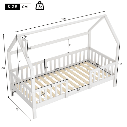 Cama-casa,cama de criança de madeira de pinho 90x200 cm,branco
