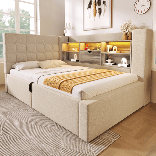 Cama de solteiro de linho 90x200 cm com armazenamento e luz led,bege