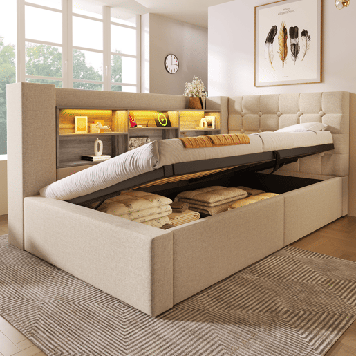 Cama de solteiro de linho 90x200 cm com armazenamento e luz led,bege
