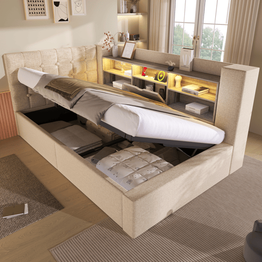 Cama de solteiro de linho 90x200 cm com armazenamento e luz led,bege