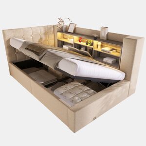Cama de solteiro de linho 90x190 cm com armazenamento e luz led,bege