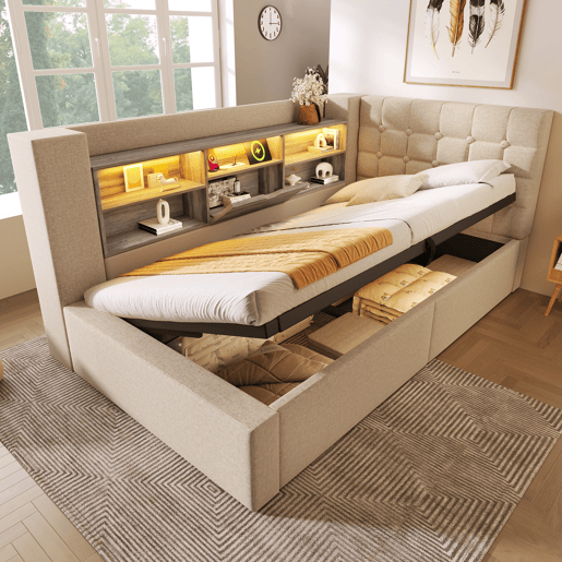 Cama de solteiro de linho 90x190 cm com armazenamento e luz led,bege