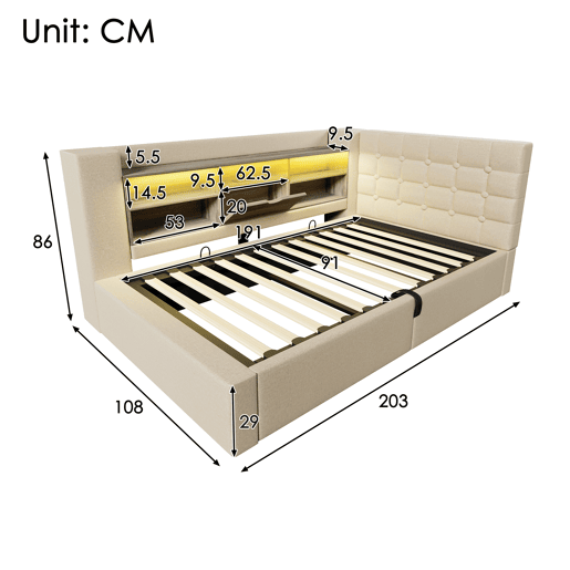 Cama de solteiro de linho 90x190 cm com armazenamento e luz led,bege