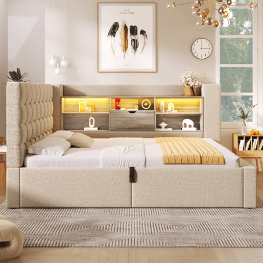Cama de solteiro de linho 90x190 cm com armazenamento e luz led,bege