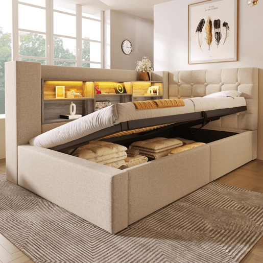 Cama de solteiro de linho 90x190 cm com armazenamento e luz led,bege