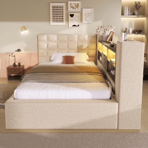 Cama de solteiro de linho 90x190 cm com armazenamento e luz led,bege