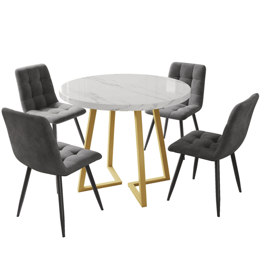 Conjunto de sala de jantar de 5 peças - Mesa redonda de 80 cm com pernas douradas - Branco e cinzento