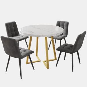 Conjunto de sala de jantar de 5 peças - Mesa redonda de 80 cm com pernas douradas - Branco e cinzento