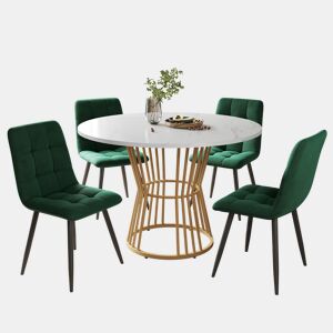 Conjunto de sala de jantar de 5 peças - Mesa redonda de 100 cm - 4 cadeiras de veludo verde