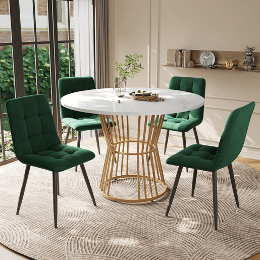 Conjunto de sala de jantar de 5 peças - Mesa redonda de 100 cm - 4 cadeiras de veludo verde