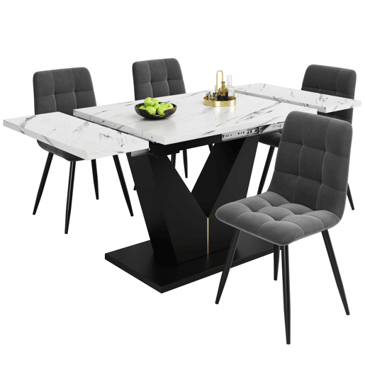 Conjunto de sala de jantar de 5 peças - Mesa em U com design moderno, pernas pretas, cadeiras em veludo cinzento - Multicolorido