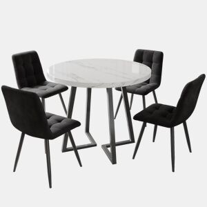 Conjunto de sala de jantar de 5 peças 80 cm - Mesa redonda com pernas metálicas pretas e cadeiras de veludo preto