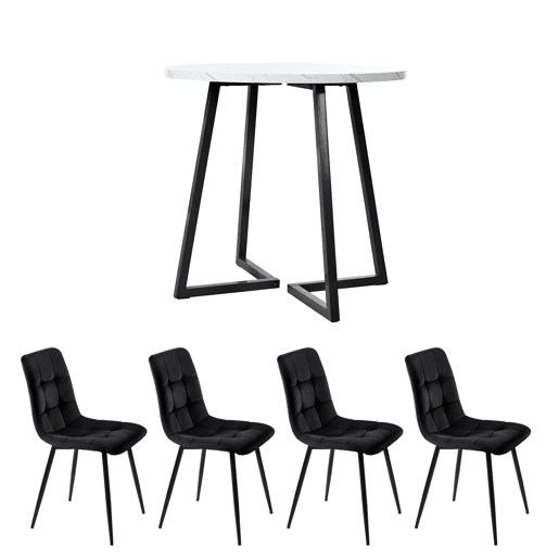 Conjunto de sala de jantar de 5 peças 80 cm - Mesa redonda com pernas metálicas pretas e cadeiras de veludo preto