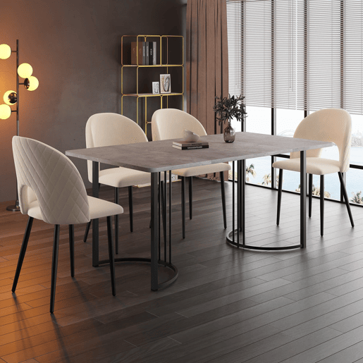 Conjunto de mesa de jantar 140x80 cm - 4 cadeiras, assento em veludo, pernas ajustáveis - Bege